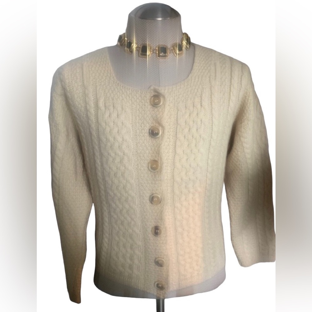 INIS CRAFTS Women's Off White Cable Knit Cardigan Size Medium Made in Ireland